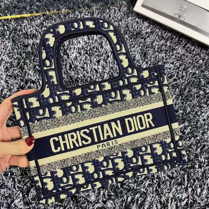 Dior CD Women Mini Dior Book Tote Blue Dior Oblique Embroidery