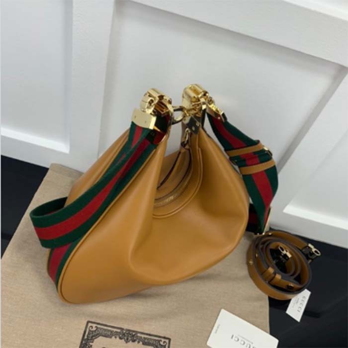 Gucci Women Attache Large Shoulder Bag Dark Orange Leather Green Red Web