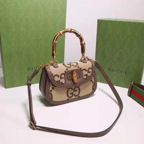 Gucci Women Bamboo 1947 Jumbo GG Mini Bag Brown Camel Ebony Canvas