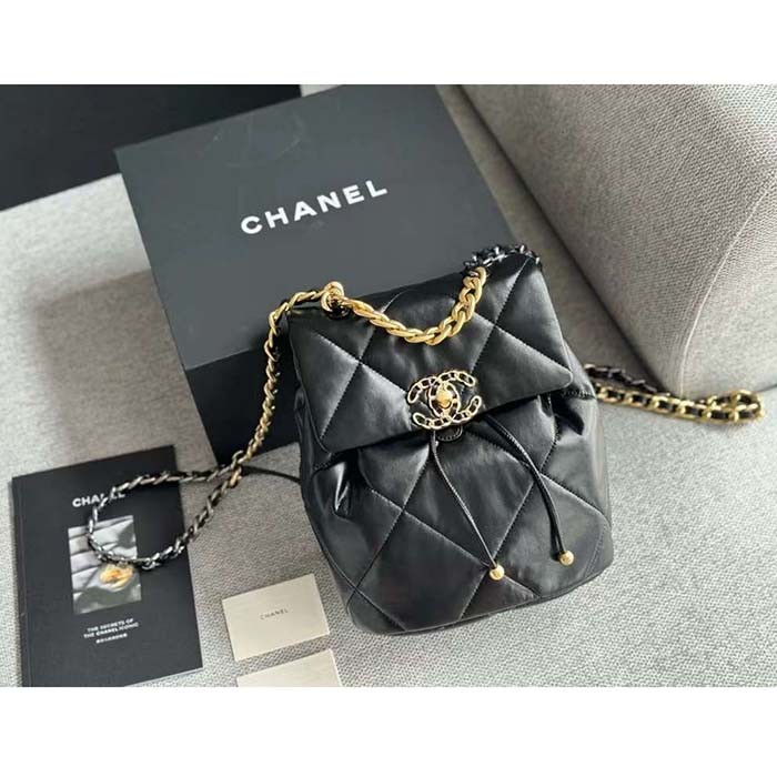 Chanel Women CC 19 Backpack Shiny Lambskin Gold Silver-Tone Black