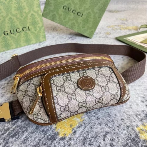 Gucci Unisex Belt Bag Interlocking G Beige Ebony GG Supreme Canvas Brown Leather