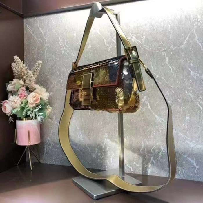 Fendi Women Baguette 1997 Gold Colored Leather Sequinned Bag