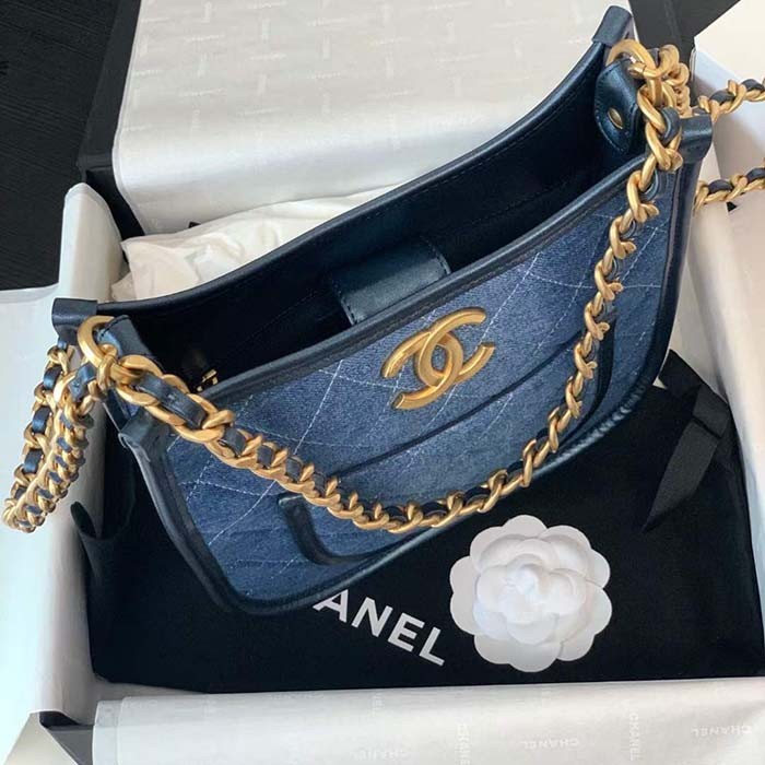 Chanel Women CC Hobo Handbag Washed Denim Gold-Tone Metal Blue