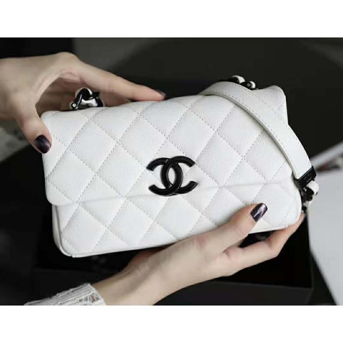 Chanel Women Small Flap Bag Grained Calfskin Lacquered Metal White Black