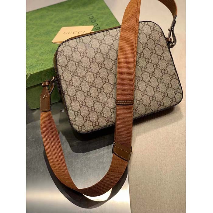 Gucci Unisex Messenger Bag Interlocking G Beige Ebony GG Supreme Canvas Brown Leather Style ‎675891 92THG 8563