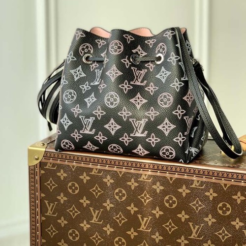 Louis Vuitton LV Women Bella Bucket Bag Black Perforated Mahina Calf Leather