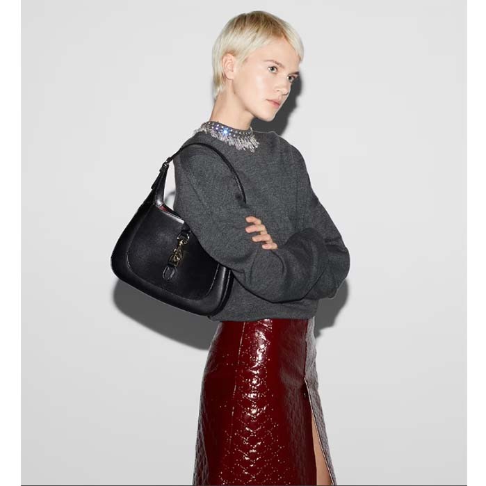 Gucci Women GG Jackie Small Shoulder Bag Black Leather Hook Closure