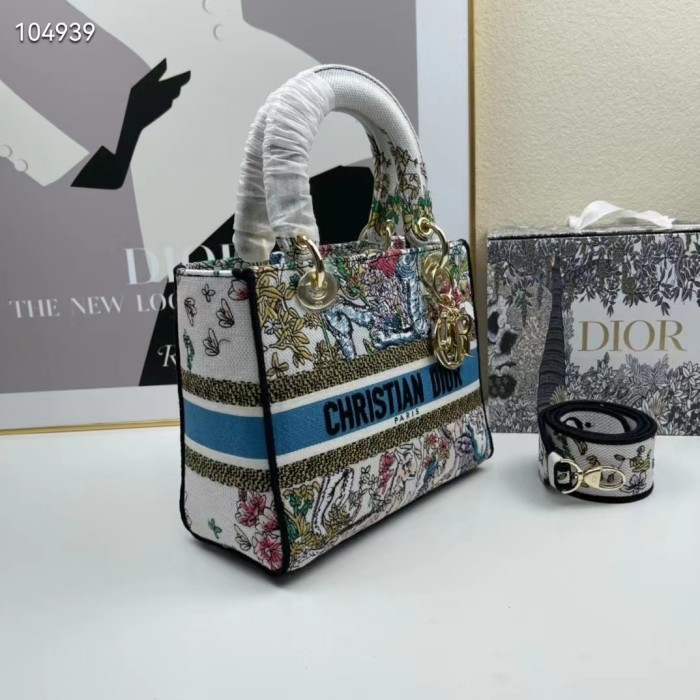 Dior Women CD Medium Lady D-Lite Bag Latte Multicolor D-Constellation Embroidery