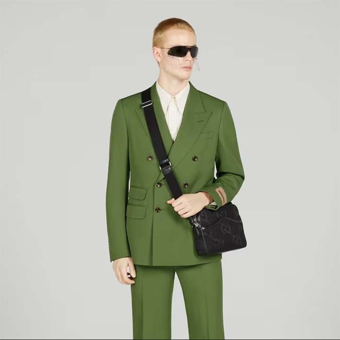 Gucci Unisex Jumbo GG Messenger Bag Black Canvas Leather Zip Closure