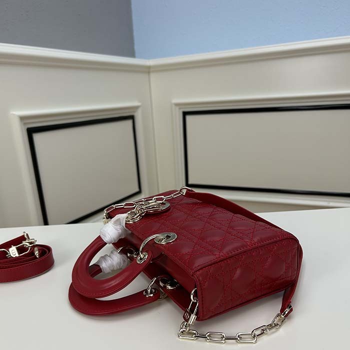 Dior Women CD Medium D-Joy Bag Scarlet Red Cannage Lambskin