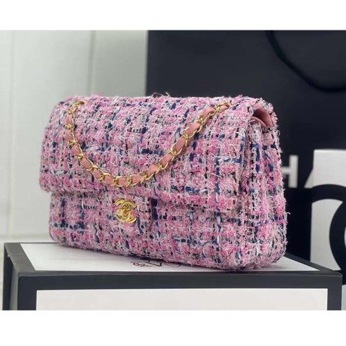 Chanel Women CC Flap Bag Tweed Fabrics Gold-Tone Metal Purple Pink Blue