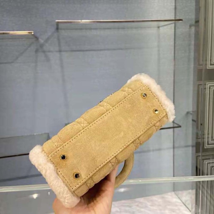 Dior Women Mini Lady Dior Bag Camel-Colored Cannage Shearling