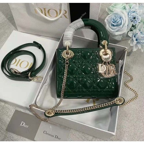 Dior Women CD Mini Lady Dior Bag Pine Green Patent Cannage Calfskin