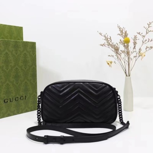Gucci Women GG Marmont Mini Shoulder Bag Black Matelassé Chevron Leather Double G