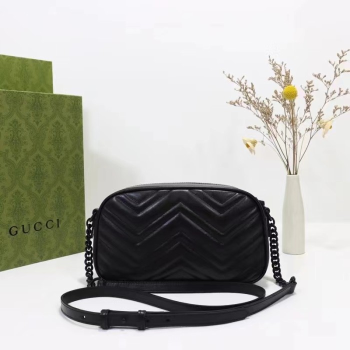 Gucci Women GG Marmont Mini Shoulder Bag Black Matelassé Chevron Leather Double G