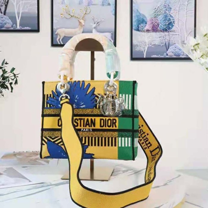 Dior Women Medium Lady D-lite Bag Bright Yellow and Green D-Flower Pop Embroidery