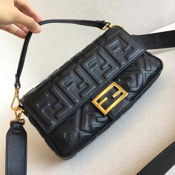 Fendi Women Baguette Chain Midi Black Nappa Leather Bag