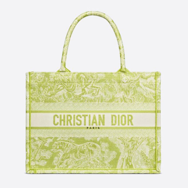 Dior Women Small Dior Book Tote Lime Toile De Jouy Reverse Embroidery