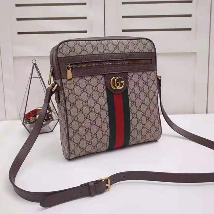 Gucci GG Men Ophidia GG Small Messenger Bag in Beige/Ebony Soft GG Supreme Canvas