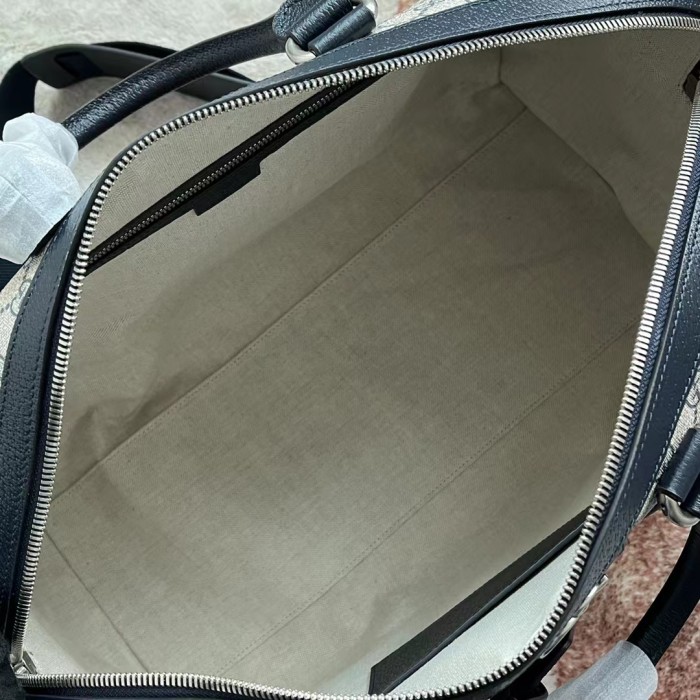 Gucci Unisex Savoy Small Duffle Bag Beige Blue GG Supreme Canvas Blue Leather