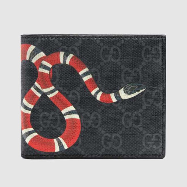 Gucci GG Men Kingsnake Print GG Supreme Wallet in Black/Grey GG Supreme Canvas