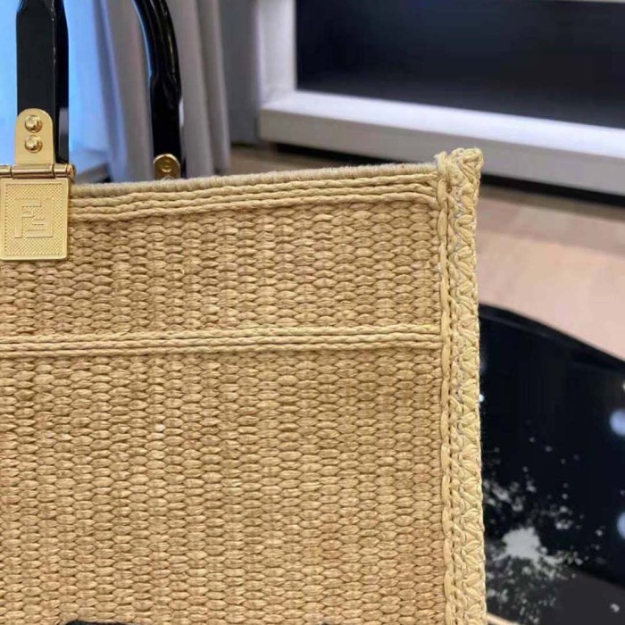 Fendi Women Sunshine Medium Embroidered Straw Shopper