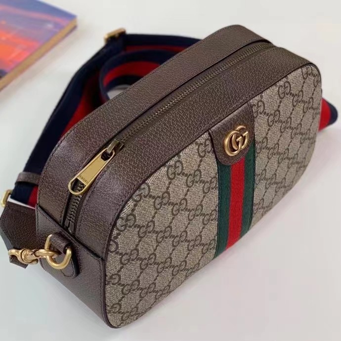 Gucci Unisex Ophidia GG Small Crossbody Bag Beige Ebony GG Supreme Canvas Double G