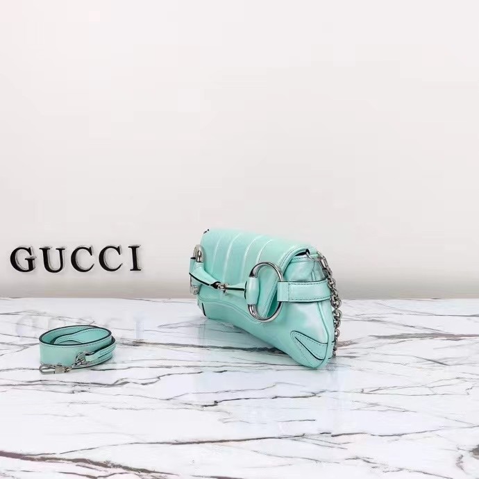 Gucci Women GG Horsebit Chain Small Shoulder Bag Light Blue Quilted Leather Maxi Horsebit Style ‎764339 AACU1 4811