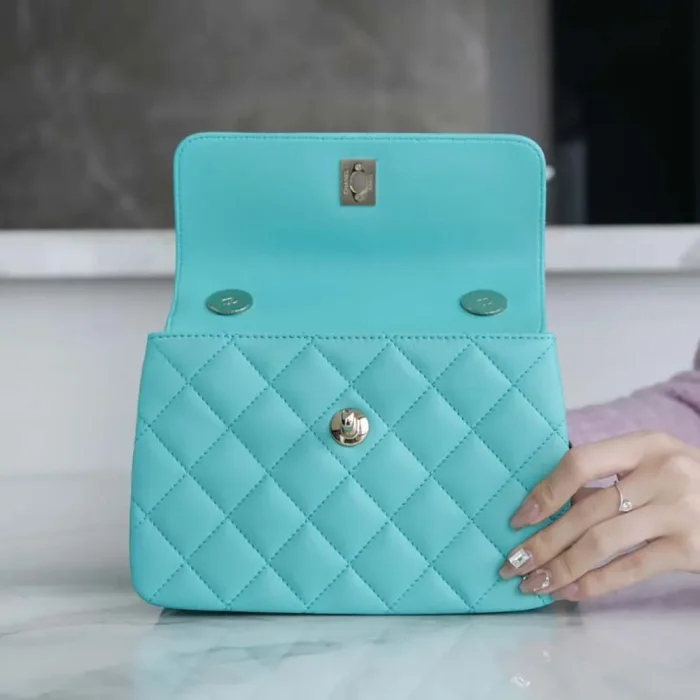 Chanel Women Mini Flap Bag with Top Handle Lambskin-Light Blue