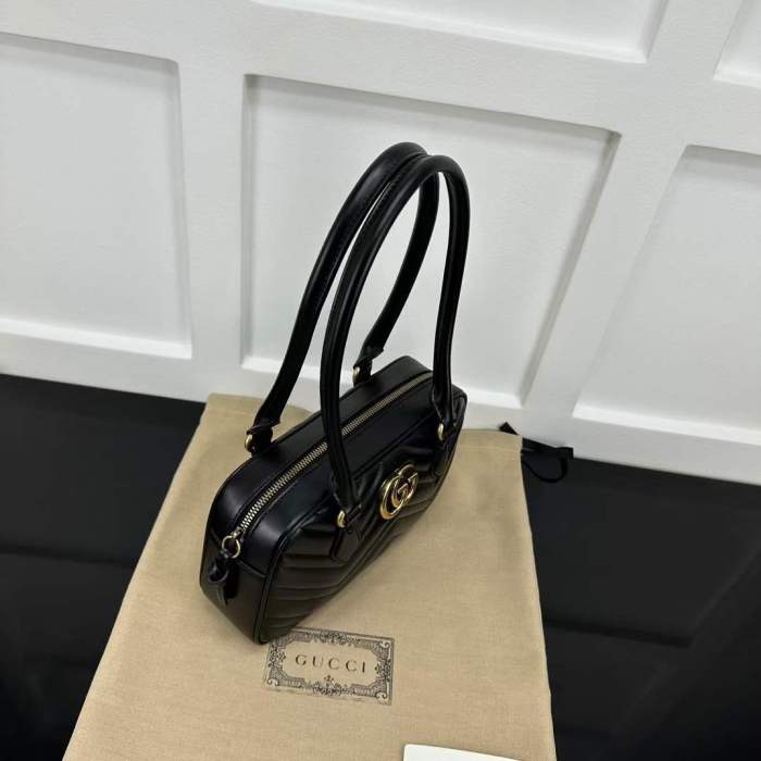 Gucci Women GG Marmont Small Top Handle Bag Black Matelassé Leather Chevron