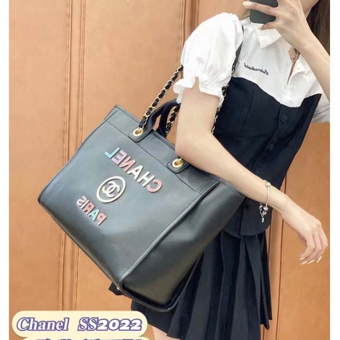 Chanel Women CC Large Shopping Bag Calfskin Aged Gold-Tone Metal Black