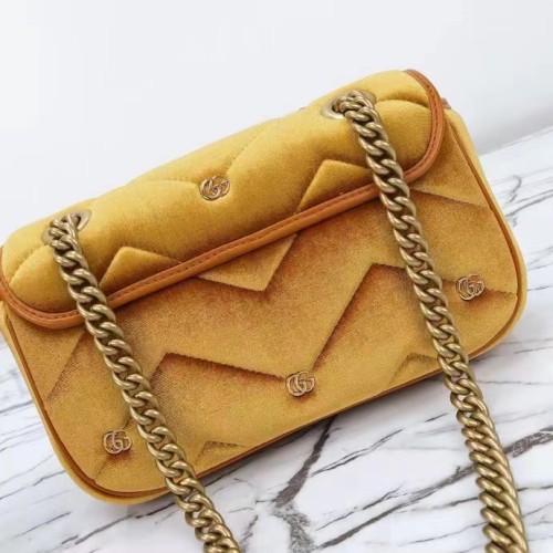Gucci Women GG Marmont Mini Shoulder Bag Dark Yellow Quilted Chevron Velvet Leather Double G