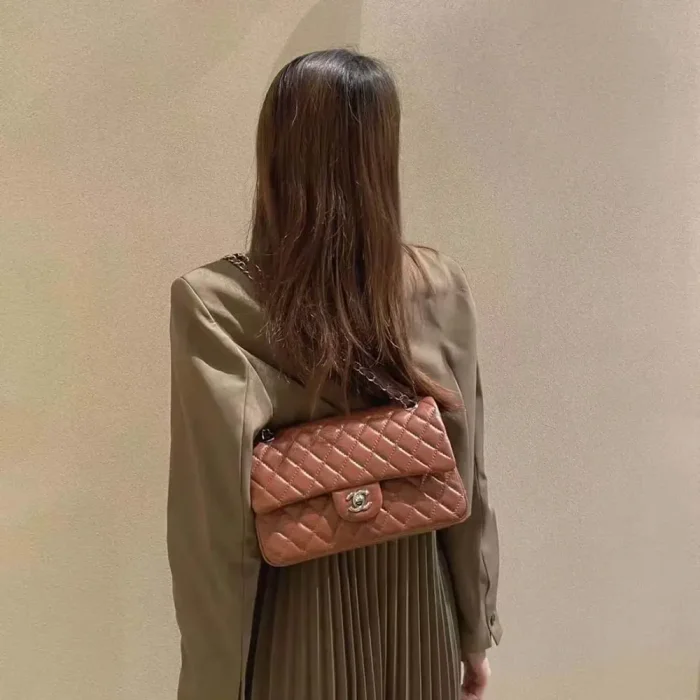 Chanel Women Small Classic Handbag in Lambskin Leather-Dark BeigeBrown