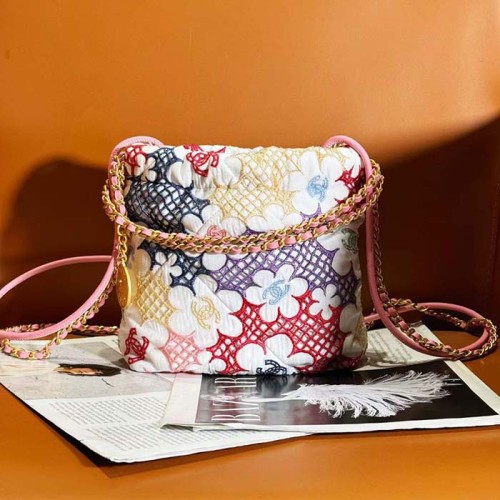 Chanel Women CC 22 Mini Handbag Lace Patchwork Gold-Tone Metal Multicolor