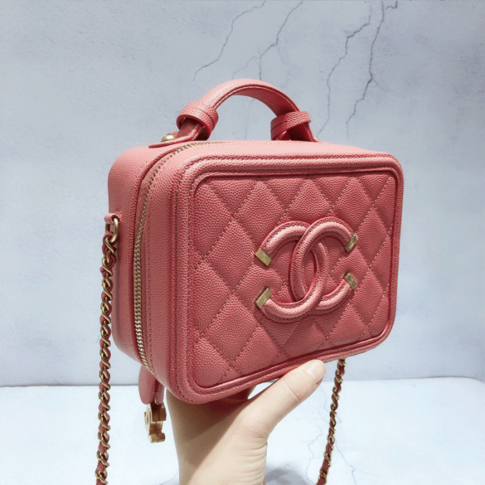 Chanel Women Vanity Case in Grained Calfskin Leather-Pink