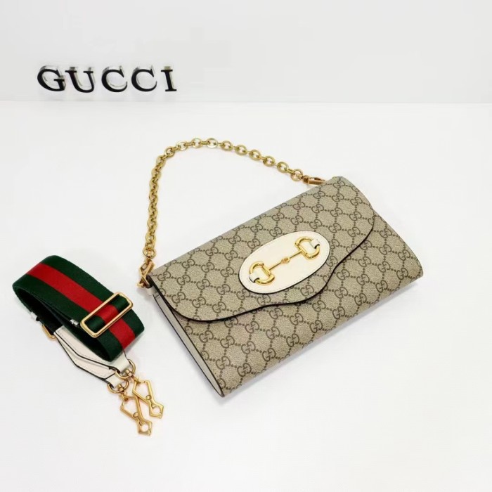 Gucci Women Horsebit 1955 Small Bag Beige Ebony GG Supreme Canvas White Leather