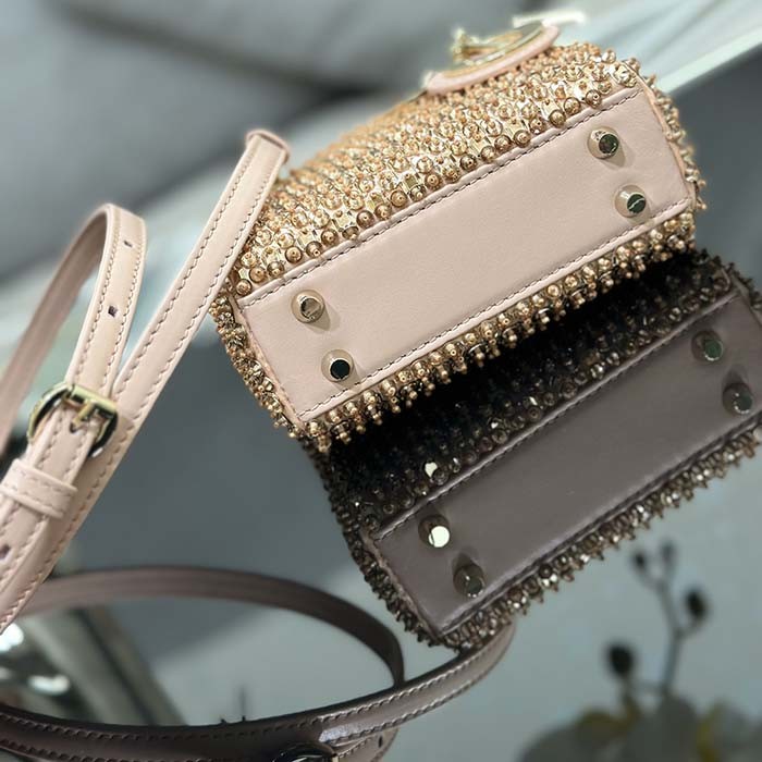 Dior Women CD Mini Lady Bag Square-Motif Embroidery Set Pink Strass White Round Beads