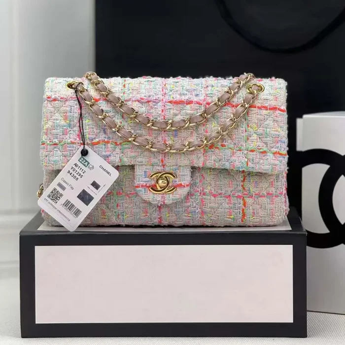 Chanel Women CC Mini Classic Handbag Tweed Gold Tone Metal-White