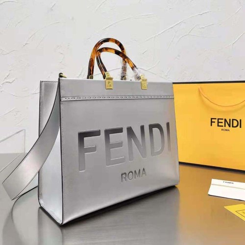 Fendi Women Fendi Sunshine Medium Silver Laminated Leather Shopper
