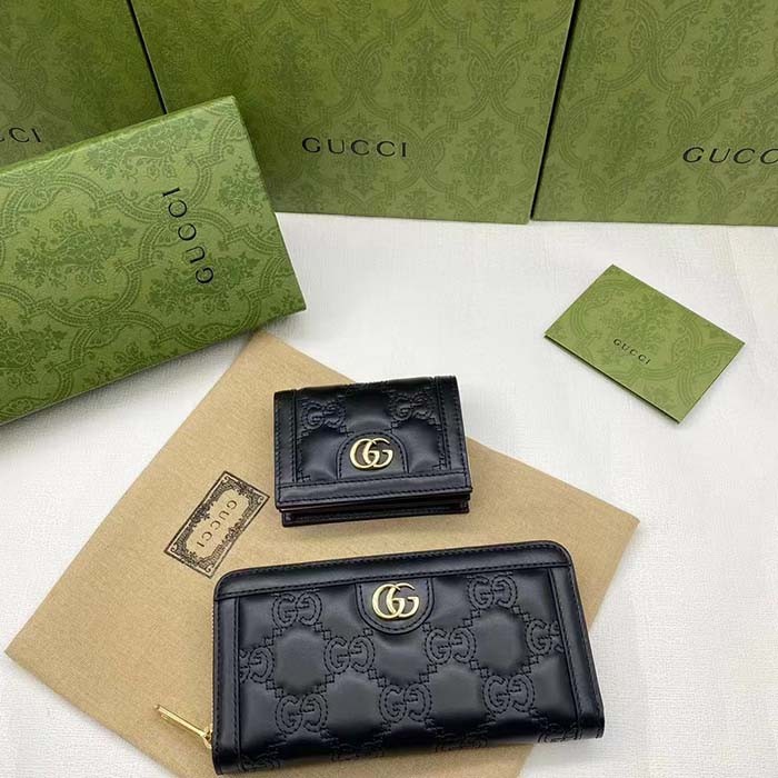 Gucci Unisex GG Marmont Zip Around Wallet Black Matelassé Leather Double G