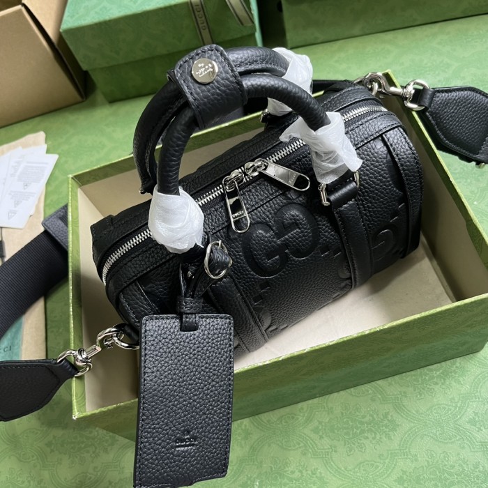 Gucci Unisex Jumbo GG Mini Duffle Bag Black Leather Double G Zip Closure