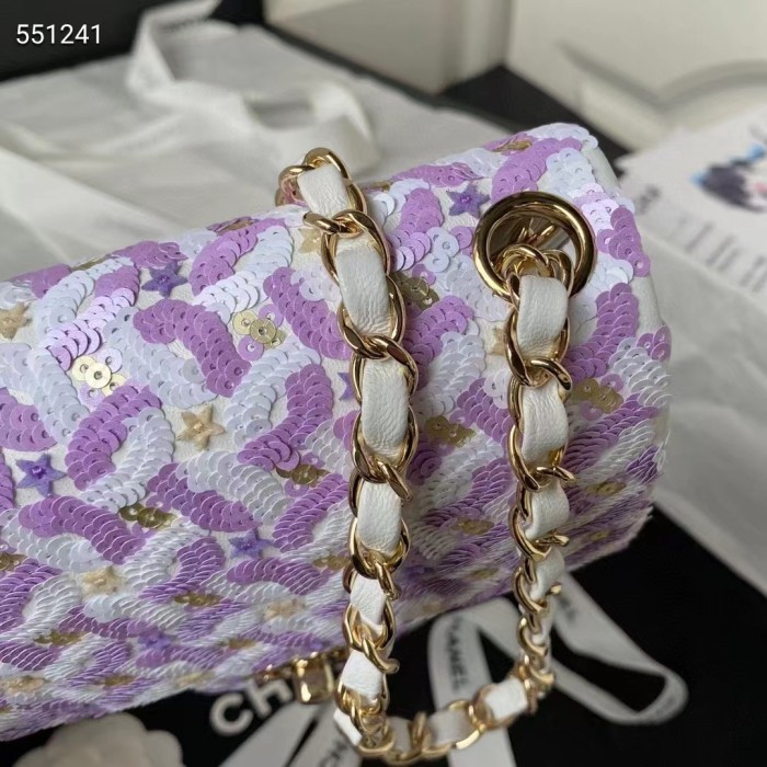 Chanel Women CC Mini Flap Bag Embroidered Satin Sequins Glass Beads Strass Star Sequins Purple White