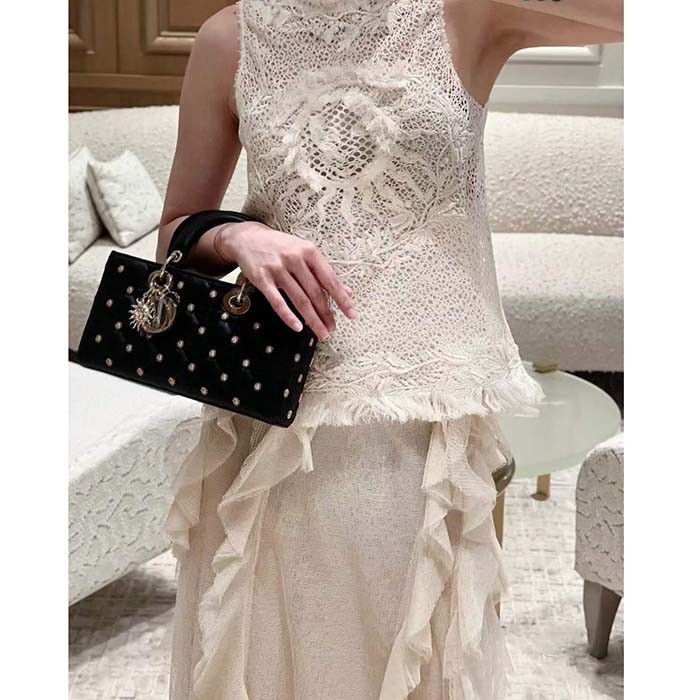 Dior Women CD Medium Lady D-Joy Bag Black Cannage Lambskin Sun Studs