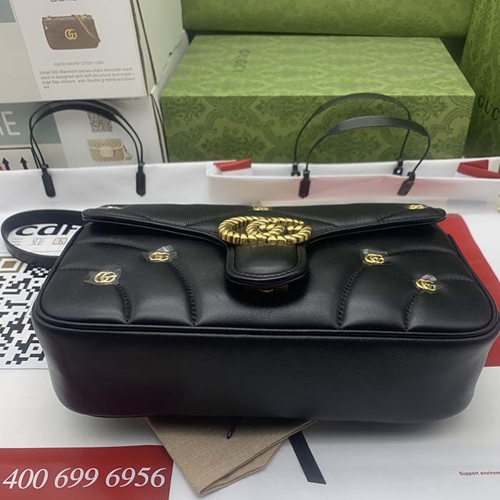 Gucci Women GG Marmont Small Shoulder Bag Black Double G Matelassé Chevron Leather