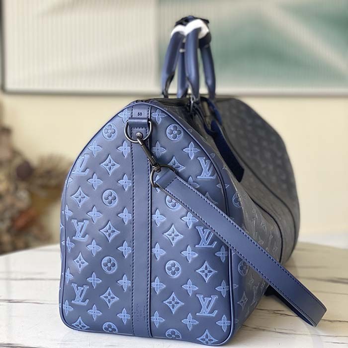 Louis Vuitton LV Unisex Keepall Bandoulière 50 Navy Blue Cabin Monogram Shadow Cowhide