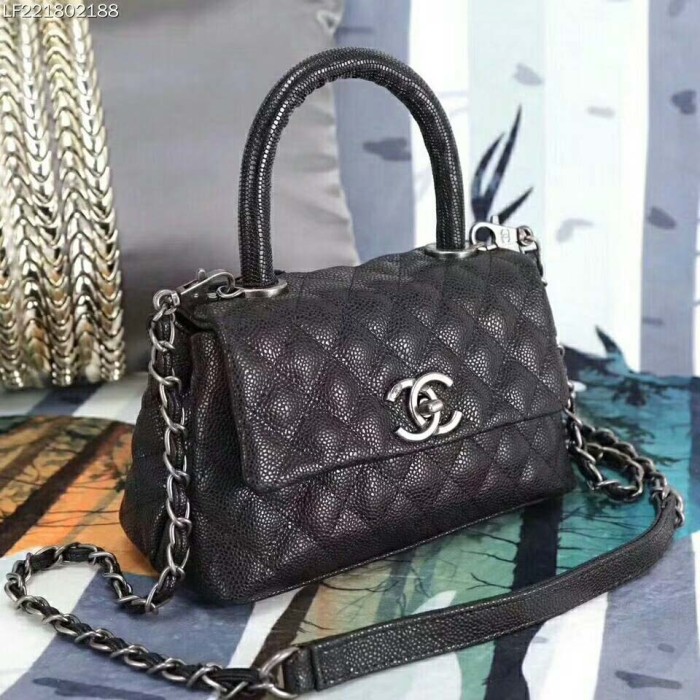 Chanel Coco Caviar Lizard Quilted Mini Flap Bag with Top-Handle-Black