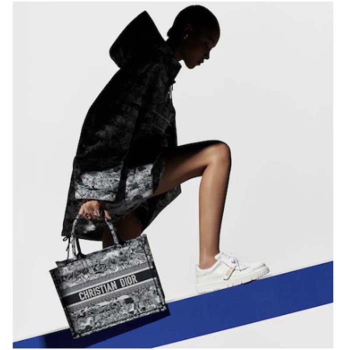 Dior Women CD Medium Book Tote Navy Blue Toile De Jouy Stripes Embroidery