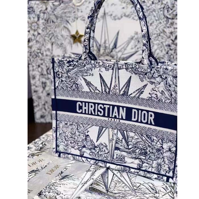 Dior Unisex CD Medium Book Tote White Blue Rêve D'Infini Embroidery