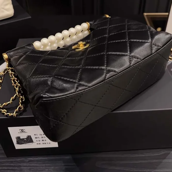 Chanel Women Small Shopping Bag Shiny Lambskin Imitation Pearls Gold Tone Metal