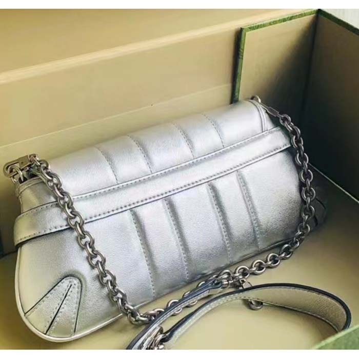 Gucci Women GG Horsebit Chain Small Shoulder Bag Silver Metallic Quilted Leather Maxi Horsebit